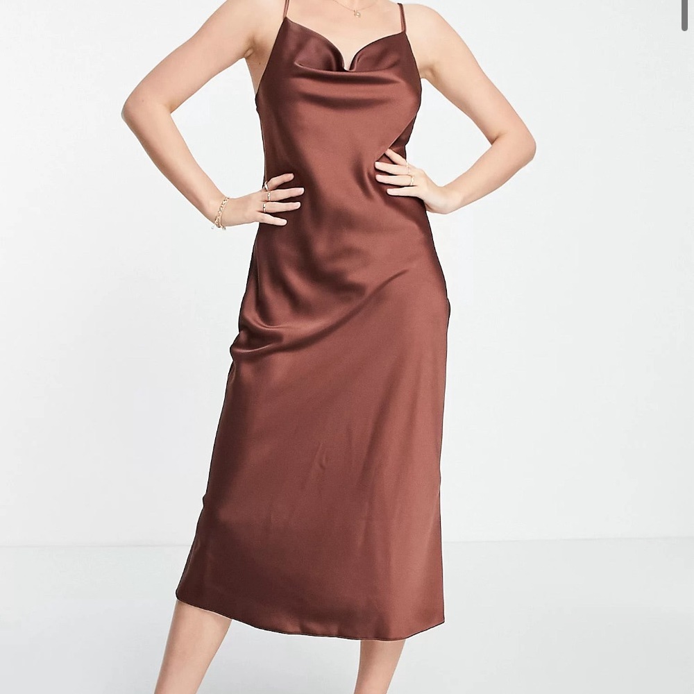 Brown satin slip dress.
